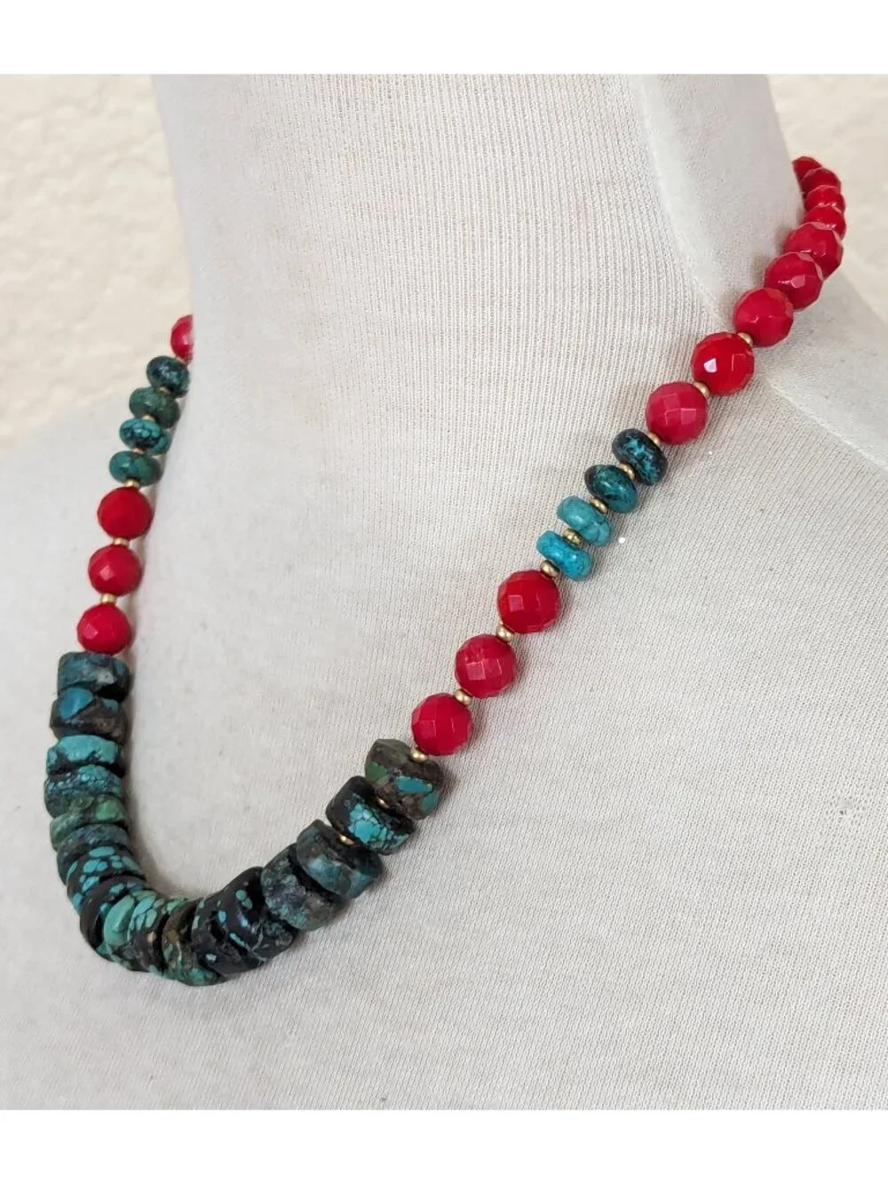 Southwestern Blue Turquoise & Red Coral Strand Statement Necklace